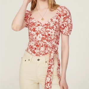 Madewell Sweetheart Puff-Sleeve Wrap Top Red Abstract Floral